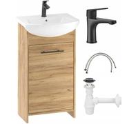 Meuble de salle de bain avec vasque 45x84 cm chêne doré, robinet de salle de bain noir et siphon Frigo