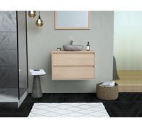 Meuble de salle de bain avec vasque à poser en pierre et miroir - Placage chêne - 80 cm - MILIPAM