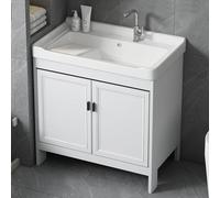 Meuble de salle de bain blanc avec évier et robinet en céramique de 60 cm, meuble à linge pour salle de bain, toilettes et buanderie, mélangeur d'eau chaude et froide inclus