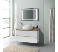 MEUBLE DE SALLE DE BAIN BLANC BRILLANT 100CM LAVABO À POSER ET MIROIR À LED | ELBA