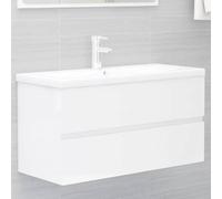 Meuble de salle de bain, blanc, brillant, avec lavabo encastrable, 90 x 38,5 x 45 cm, en céramique, avec robinet et trop-plein, en bois robuste, pour salle de bain