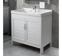 Meuble de salle de bain blanc de 70 cm avec robinets de lavabo en céramique, charnières de porte à fermeture douce, armoire sur pied avec pieds pour rangement moderne de salle de bain