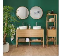 Meuble de Salle De Bain Chêne 120 cm + Colonne ATOLL + 2 Miroirs ronds 60 cm + 2 Vasques rondes 37 cm