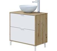Meuble de salle de bain coloris Chêne / blanc brillant (Lavabo non inclus)- Longueur 79 x Hauteur 79 x Profondeur 45 cm - PEGANE -