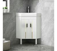 Meuble de salle de bain compact blanc avec évier en céramique, montage au sol, idéal pour les petits espaces, les buanderies et une utilisation en extérieur - 48 cm design d'angle