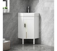 Meuble de salle de bain compact d'angle blanc avec évier en céramique - Montage au sol pour petites salles de bains, buanderies et utilisation en extérieur (43 cm)