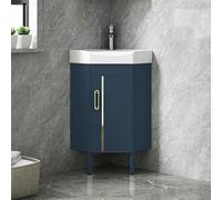 Meuble de salle de bain compact d'angle bleu avec évier en céramique, monté au sol pour petits espaces, idéal pour les salles de bains, les buanderies et une utilisation en extérieur - 38 cm