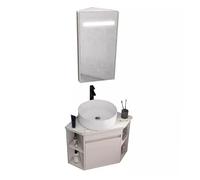 Meuble de salle de bain d'angle flottant avec évier en céramique et meuble de rangement pour économiser de l'espace avec miroir HD, parfait pour les petites salles de bains et appartements (43 cm)