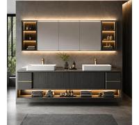 Meuble de salle de bain double moderne de 254 cm | Bois massif | Miroir anti-buée | Lavabo en pierre facile à nettoyer | Design flottant élégant pour les espaces contemporains