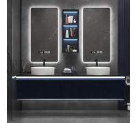 Meuble de salle de bain double vasque avec miroirs intelligents et armoire en verre, design flottant de 213,4 cm, comprend un lavabo à poser et un comptoir en ardoise