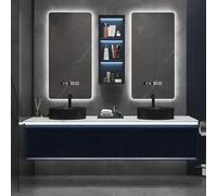 Meuble de salle de bain double vasque avec miroirs intelligents et armoire en verre, design flottant de 213,4 cm, comprend un lavabo à poser et un comptoir en ardoise