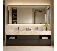 Meuble de salle de bain double vasque de 233,7 cm - Meuble moderne autonome en bois massif avec miroir anti-buée et grand espace de rangement - Entièrement assemblé