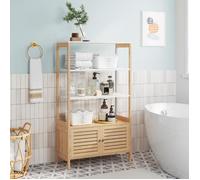 Meuble de Salle de Bain en Bambou - SONGMICS - 3 étagères et 1 Placard à 2 Portes - Couleur Boisée et Blanc