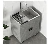 Meuble de salle de bain en bois massif gris de 80 cm avec évier en acier inoxydable, panier extractible, trop-plein à haute pose, pieds réglables, piège sans odeur (60 x 45 x 79 cm)