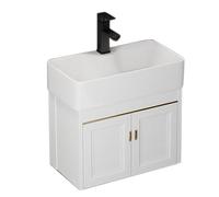 Meuble de Salle de Bain en céramique de 49,5 cm, lavabo de Salle de Bain, robinets d'eau Froide et Chaude et égouttoir, lavabo pour Petit Espace, Armoire Flottante Murale (54,5 x 30 x 51 cm)