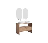 Vente-unique - Meuble de Salle de Bain en chêne Massif avec Vasque à Poser Ronde, Robinet et Miroir - Naturel Clair - 110 cm - CAVIZO