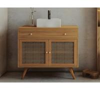 Meuble de salle de bain en teck clair et cannage avec vasque en céramique - 90 cm - MANSULAN