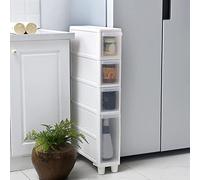 Meuble de Salle de Bain étroit avec 4 tiroirs Transparents et roulettes. Meuble de Rangement Vertical Fin. Commode autoportante de 14 cm/22 cm de Large. Gain de Place pour Petites salles de