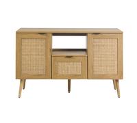 Meuble de salle de bain finition bois clair, cannage rotin et métal noir L120 cm MANILLE
