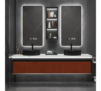 Meuble de salle de bain flottant à double évier avec miroirs intelligents, armoire en verre et comptoir en ardoise pour un rangement et un style modernes de salle de bain
