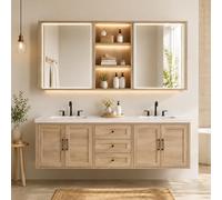 Meuble de salle de bain flottant à double évier - Design moderne à montage mural avec miroir anti-buée | Grand espace de rangement | Bois massif | Facile à installer pour des salles de bains élégantes
