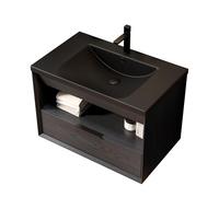 Meuble de salle de bain flottant avec lavabo en céramique noire intégré, armoire en contreplaqué prémontée avec bords inclinés à 45 degrés, étagère ouverte et tiroir (noir, 74,5 cm)