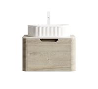 Meuble de salle de bain flottant avec lavabo en céramique ovale blanc, panneau de pierre frittée romaine en travertin romain, bords incurvés, tiroir à fermeture douce, meuble bas pré-monté (chêne