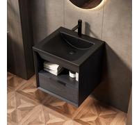 Meuble de salle de bain flottant avec tiroir, étagère, 51 cm, montage mural, meuble bas et bac intégré, aspect chêne noir