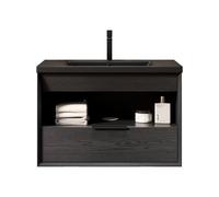Meuble de salle de bain flottant - Lavabo en céramique intégré - Bord incliné en polyuréthane à 45° - Armoire à base de contreplaqué - Étagère ouverte - Tiroir à extension complète - Fermeture douce