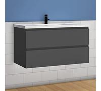 Meuble de salle de bain gris brillant de 1000 mm avec évier en céramique, 2 tiroirs, rangement mural, meuble de vestiaire, meuble élégant sous vasque pour salle de bain moderne
