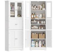Meuble de salle de bain - HOMCOM - 6 portes dont 2 vitrées et 2 persiennes, étagère réglable - bois - 60x30x170,5cm - blanc