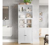 Meuble de salle de bain mobile moderne pour économiser de l'espace 57 x 28 x 160 cm, blanc, avec porte en verre, porte en bois, 2 compartiments ouverts, étagères réglables, panneau MDF résistant à