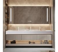 Meuble de salle de bain moderne à double vasque de 233,7 cm, design flottant avec miroir antibuée intelligent et lumière LED, armoire en bois massif, 3 grands tiroirs, finition élégante blanc laiteux