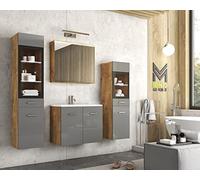 Meuble de salle de bain moderne avec LED 4 pièces comprenant un miroir sous évier et une armoire murale Finition châtaigne Gris brillant
