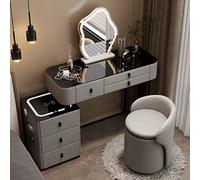 Meuble de salle de bain moderne avec miroir éclairé à DEL tactile, 3 modes d'éclairage couleur, tiroirs de rangement et station de charge, gris, idéal pour le maquillage dans la chambre à coucher