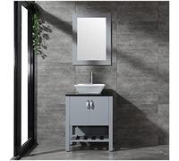 Meuble de salle de bain moderne de 61 cm style shaker en céramique avec robinet d'évier simple et de vidange, ensemble de rangement, miroir mural, vasque sur piédestal, organisateur de maison, gris