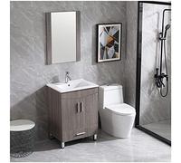Meuble de salle de bain moderne gris de 61 cm avec shaker en céramique pour robinet d'évier unique - Ensemble de vidange, de rangement - Miroir mural - Organiseur sur piédestal - Bois - 61 cm (L) x 46
