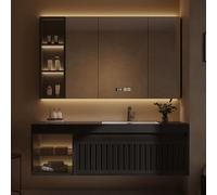 Meuble de salle de bain mural avec lavabo, 130 cm, noir, miroir avec éclairage, ensemble de meubles de salle de bain élégant, design compact, décoration d'intérieur moderne