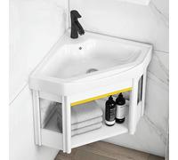 Meuble de salle de bain mural avec lavabo, design d'angle peu encombrant, robinets d'eau chaude et froide, tuyaux d'évacuation inclus, idéal pour les petits espaces