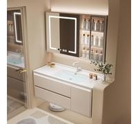 Meuble de salle de bain mural avec lavabo en céramique et miroir intelligent, design flottant en bois massif, grand espace de rangement, finition blanc crème, 110 cm