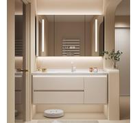 Meuble de salle de bain mural flottant avec évier en céramique et miroir intelligent, bois massif, rangement spacieux, 100 cm, finition blanc crème, meuble de salle de bain moderne