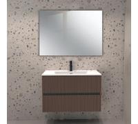 Meuble de salle de bain murale avec deux tiroirs et miroir inclus coloris effet noyer 80x45x50H cm - Bifosy