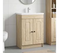 Meuble de salle de bain sous lavabo en chêne Sonoma 56 x 37,5 x 81 cm | 2 portes, mécanisme de pendule à 90 degrés, poignées à bouton en métal, étagères intérieures stables, résistant à l'humidité