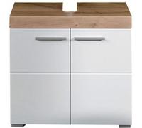 Meuble de salle de bain sous vasque avec 2 portes coloris chêne à nouds, blanc brillant - Longueur 60 x hauteur 56 x profondeur 34 cm - -