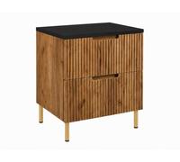 Meuble de Salle de Bain sous Vasque avec Plan, 2 Tiroirs à Fermeture Douce, Façade Cannelée MDF 16 mm, Chêne Craft + Plan Chêne Craft, Poignées Fraisées, Pieds Dorés, 60 x 46 x 73,6 cm