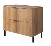 Meuble de Salle de Bain sous Vasque avec Plan, 2 Tiroirs à Fermeture Douce, Façade Cannelée MDF 16 mm, Chêne Craft doré + Plan Chêne Craft, Poignées Noires, Pieds Noirs, 80 x 46 x 73,6 cm