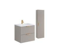 Meuble de salle de bain strié avec vasque à encastrer et colonne - Coloris beige - 60 cm - ZEVARA