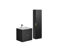 Meuble de salle de bain strié avec vasque à encastrer et colonne - Noir - 60 cm - ZEVARA