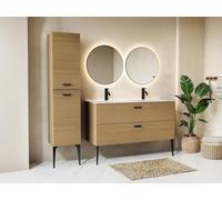 Meuble de salle de bain strié sur pieds avec vasque à encastrer et colonne - 2 tiroirs - Naturel clair - 120 cm - SARONE