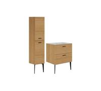 Vente-unique - Meuble de Salle de Bain strié sur Pieds avec Vasque à encastrer et Colonne - 2 tiroirs - Naturel Clair - 60 cm - SARONE